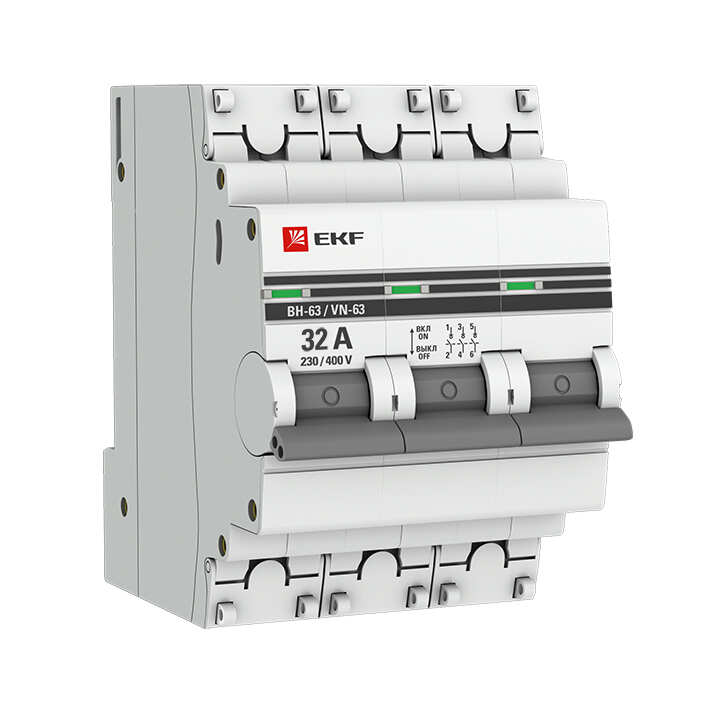 Выключатель нагрузки 3P 32А ВН-63 EKF PROxima Выключатели нагрузки типа ВН являются механическими коммутационными аппаратами и применяются для оперативных включений и отключений в электрических цепях переменного тока.
3P  63А ВН-63  EKF